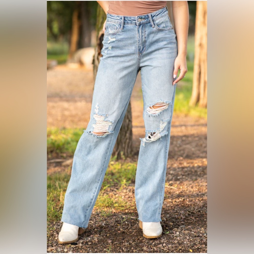 JUDY BLUE Jeans 90s Straight Leg Distressed High‎ Rise Denim Size 13/31